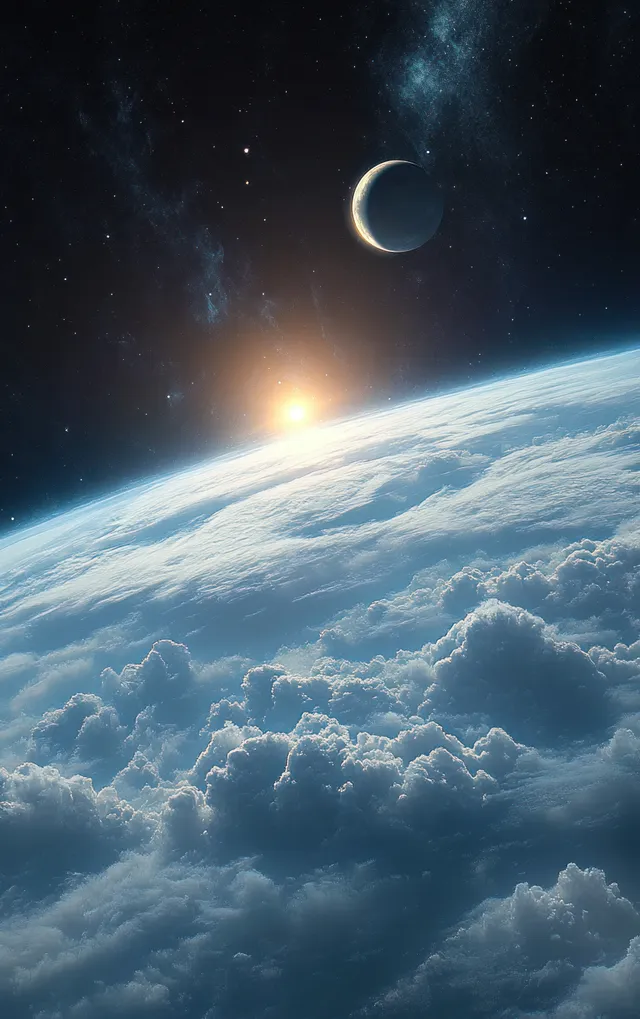 Curved Earth rises from space with glowing sunrise light, soft clouds, and scattered stars in the background.