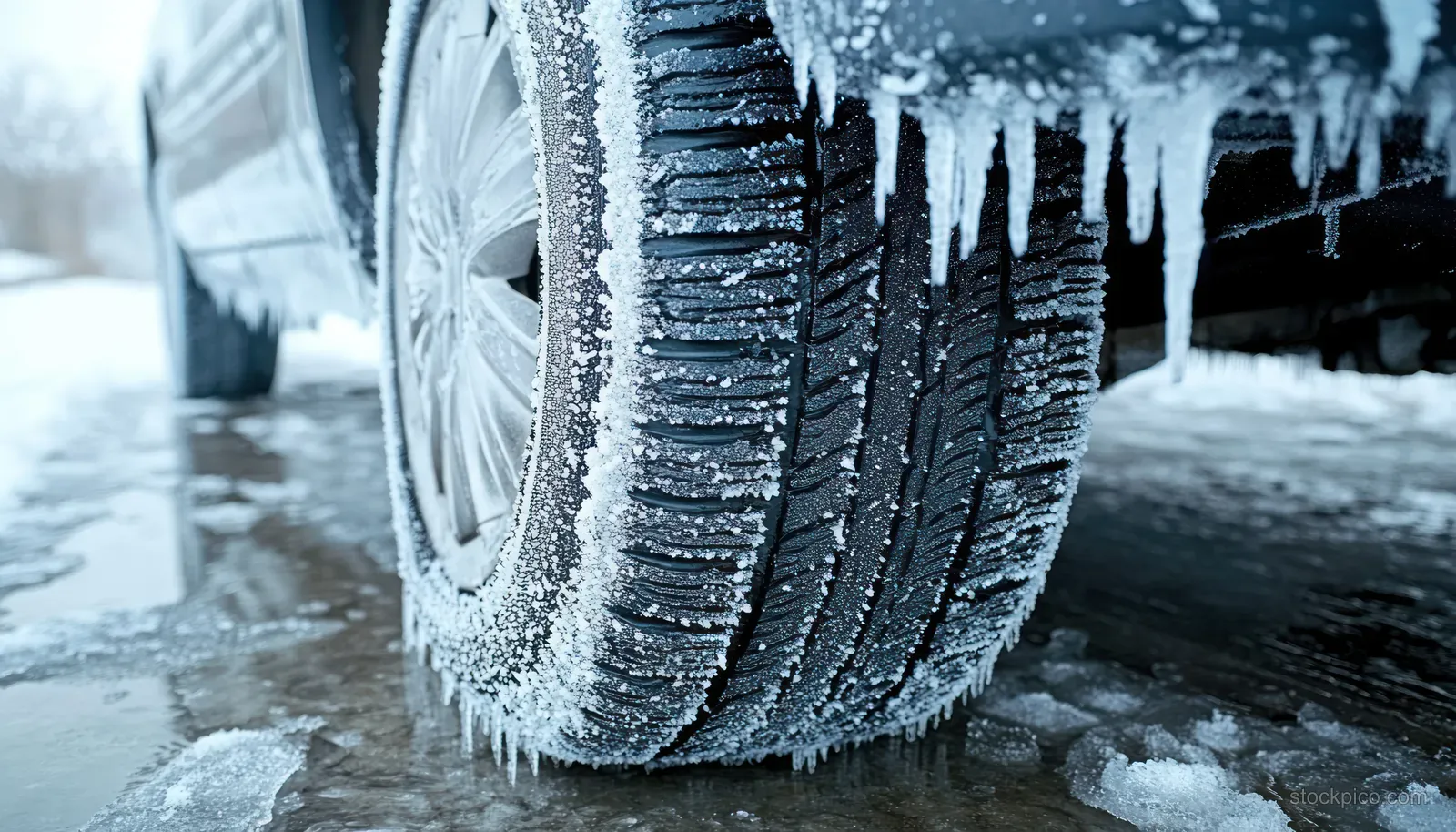 Frosted car tire with icicles on the wheel well on a wet icy road in winter.