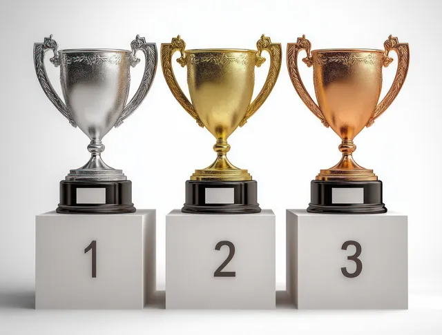 Three trophies in silver, gold, and bronze are displayed on podiums labeled 1st, 2nd, and 3rd for competition winners.