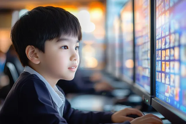 Young boy concentrating while using a keyboard at a desk with multiple monitors