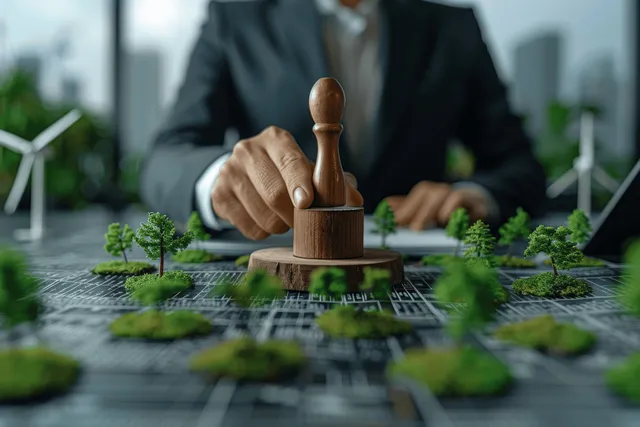 Businessman stamps an approved document beside a miniature green energy city model