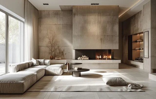 Minimalist living room with built-in fireplace, concrete walls, low beige sofa, and daylight from large windows.
