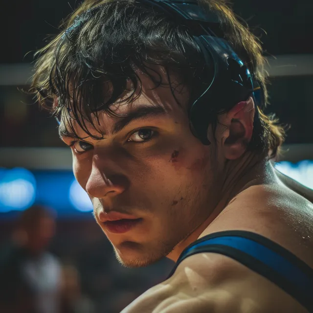 Intense close-up of Russian wrestler executing a takedown on a crowded arena mat