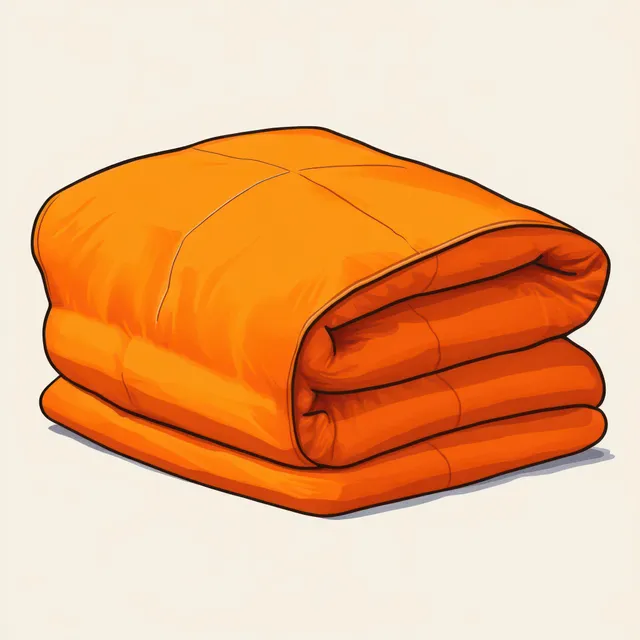 Folded bright orange quilt with visible stitching and layered folds on a plain light background.