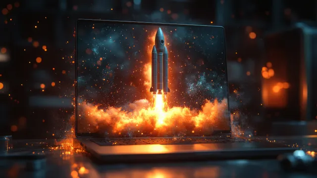 A rocket launches from a laptop screen with orange sparks and a starry space background on a desk.