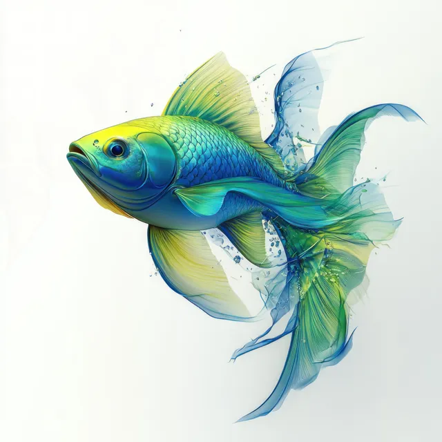 Bright green and blue flying fish illustration with extended fins gliding against a white background.
