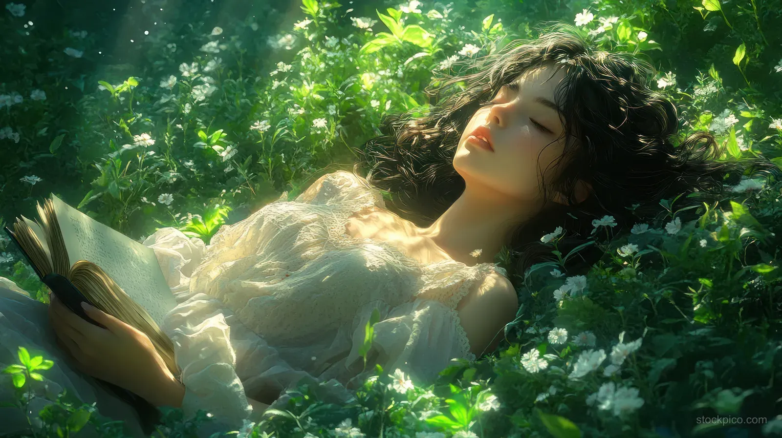 An anime girl magician reads a glowing magical book in a sunlit summer forest clearing.