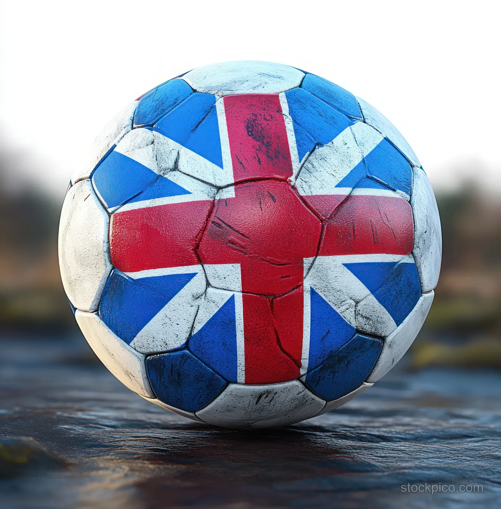A Scotland-flag soccer ball rolling on wet ground with detailed blue, red, and white panels.