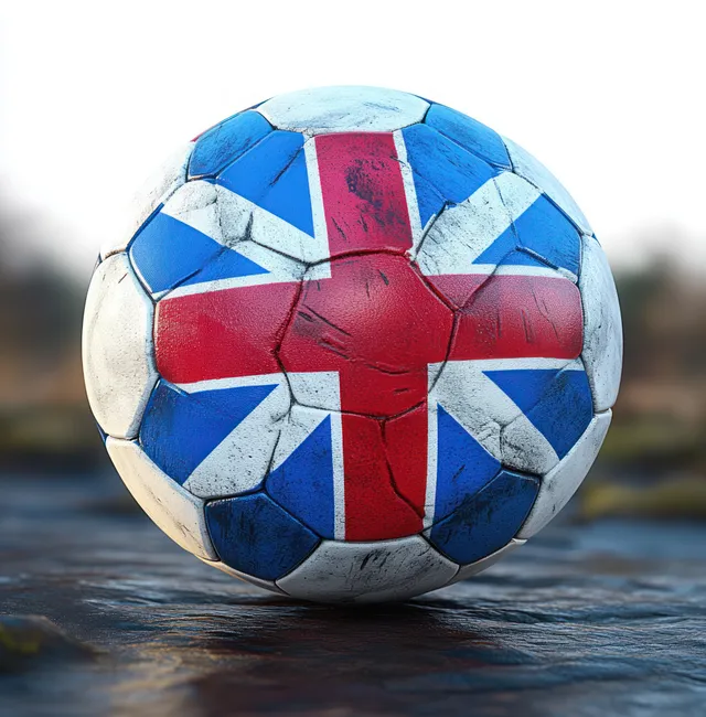 Scotland-flag soccer ball rolling on wet ground, hyper-detailed blue red white panels
