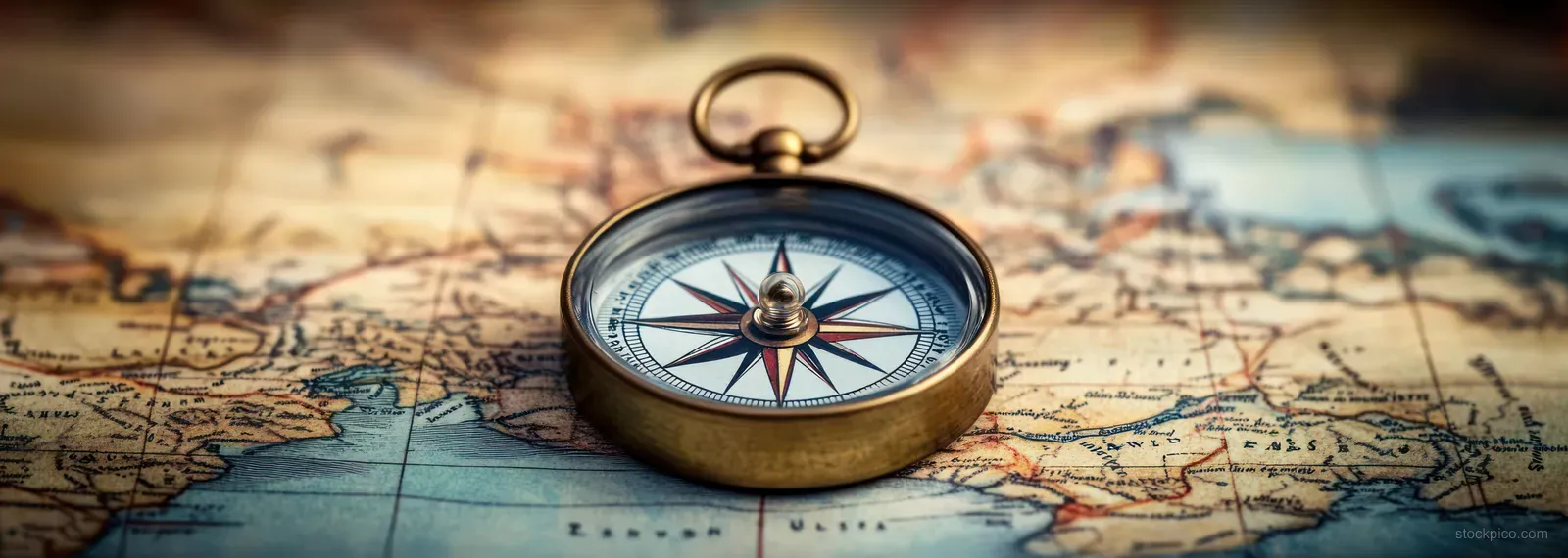 An antique compass lies on a weathered world map with latitude and longitude lines visible.