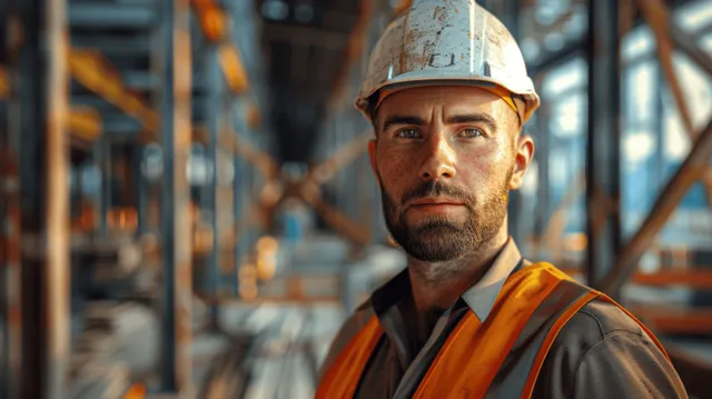 Construction worker in a hard hat and high-visibility vest standing before blurred steel beams at a building site.