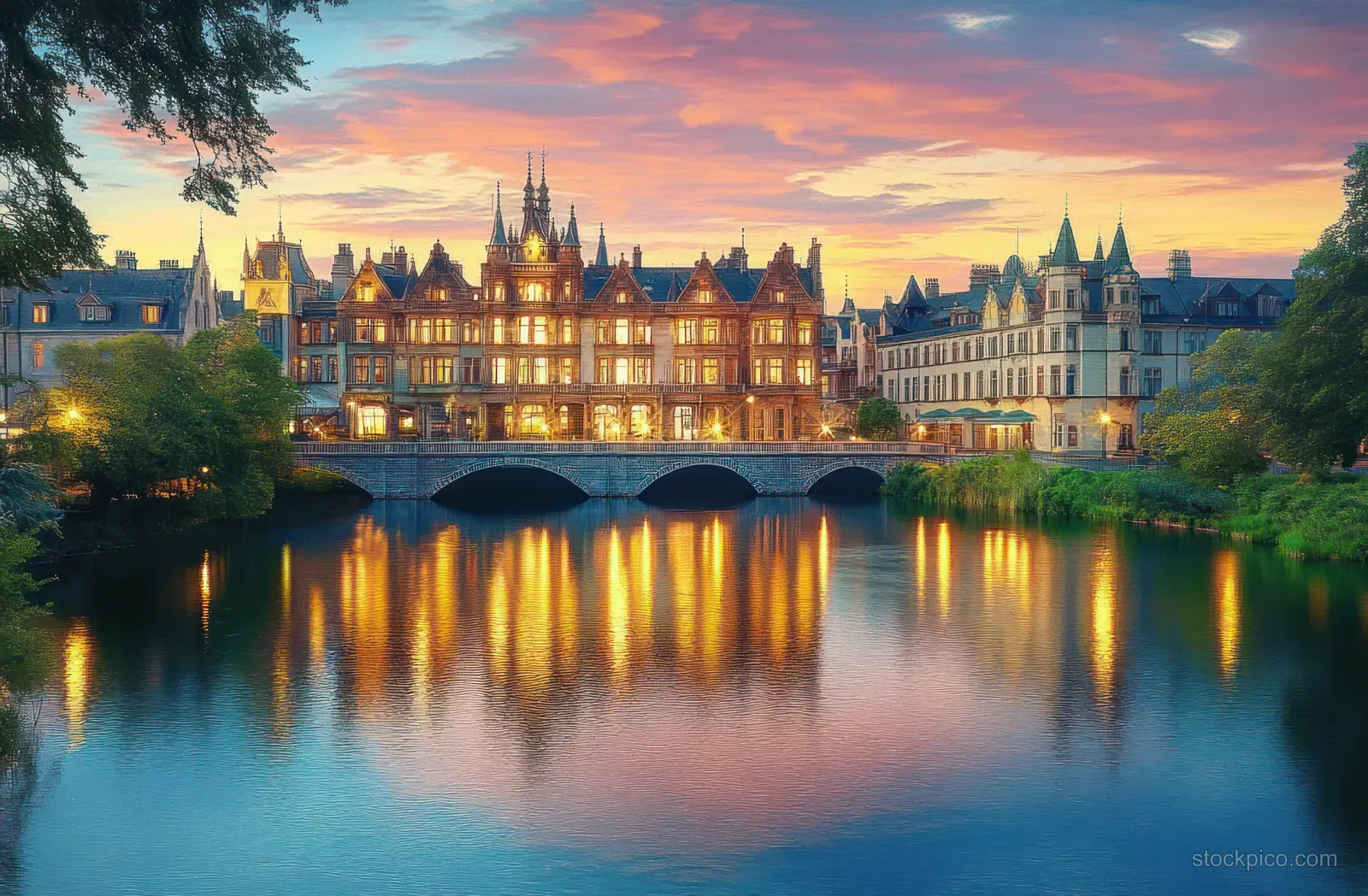 Illuminated historic buildings line a bridge beside a calm river, reflecting warm lights under a colorful sunset sky.