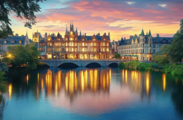 Historic European buildings glowing at sunset, mirrored on a calm river under dramatic sky