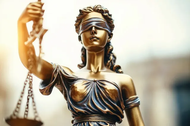 Bronze justice statue, blindfolded woman holding scales with draped gown under soft, blurred courtroom lighting.