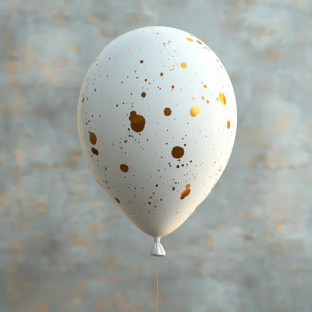 A white balloon with golden paint splatters floating above a softly textured background.