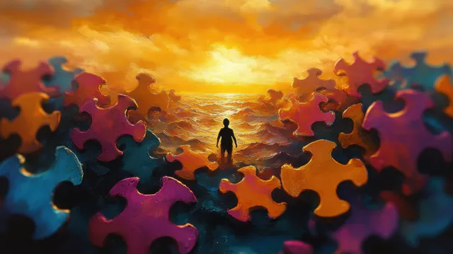 Silhouette person contemplating glowing sunset surrounded by colorful jigsaw puzzle pieces