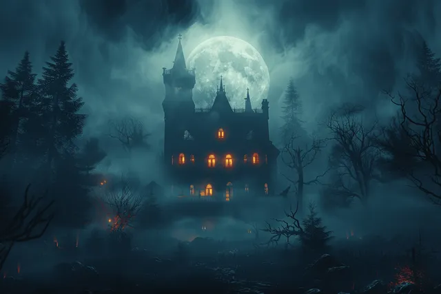 A haunted mansion with glowing windows stands in a foggy forest under a full moon.