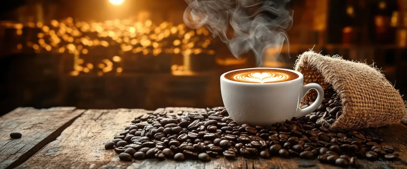 A steaming hot coffee cup on a rustic wooden table with scattered coffee beans and burlap nearby.