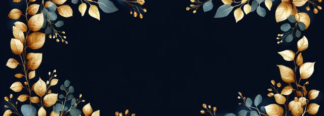 Dark background is framed with golden and blue leaves, berries, and twigs in an ornate decorative border.