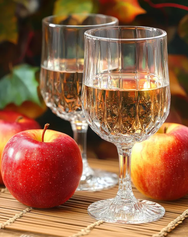 Red apples and two crystal glasses of amber schnapps sit on a bamboo placemat in warm natural light.