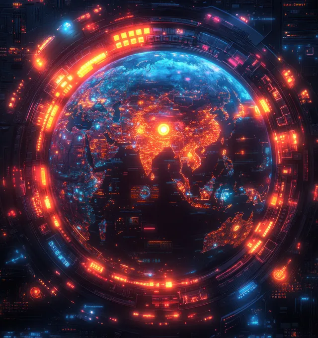Cyberpunk Earth globe with a glowing Asia map encircled by neon orbital rings and bright circuit-like lights.
