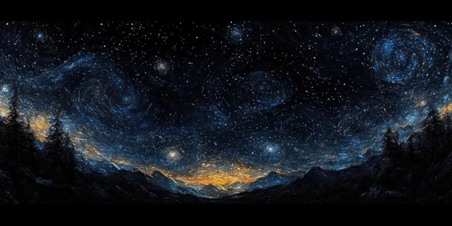 Starry night sky panorama with swirling blue textured clouds and a glowing horizon band.