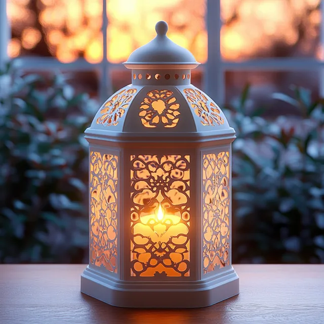Ornate white metal lantern glowing with candlelight through floral cutout patterns beside a window at dusk.
