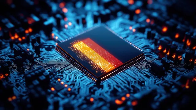 Futuristic microchip on circuit board with glowing data lines and Germany-themed digital network