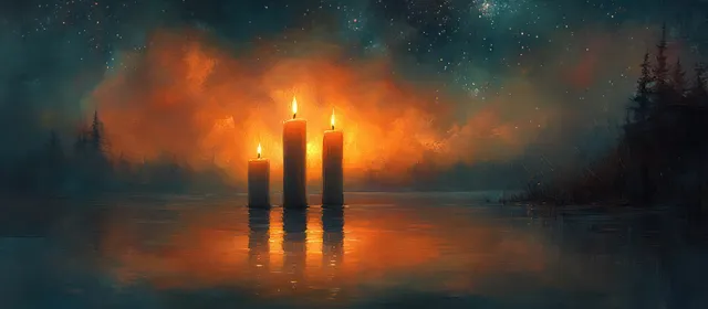 Three glowing advent candles reflected on a calm winter lake under a starry watercolor sky.