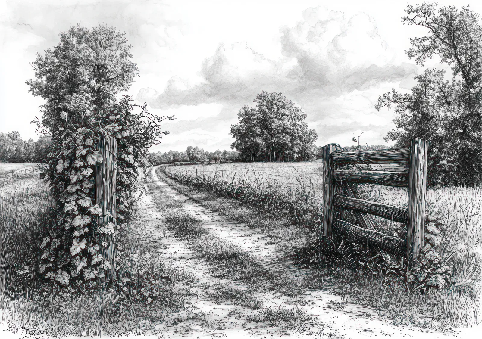 Monochrome sketch of a vine-covered countryside fence beside a winding dirt path and rural fields.