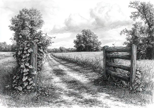 Monochrome sketch of a vine-covered countryside fence beside a winding dirt path and rural fields.