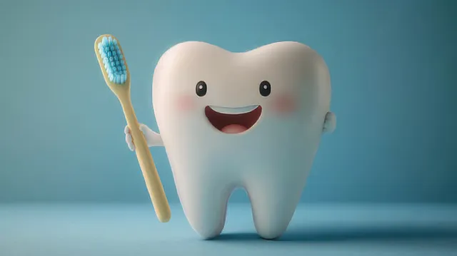 Smiling cartoon tooth character holds a toothbrush on a blue background for oral hygiene.