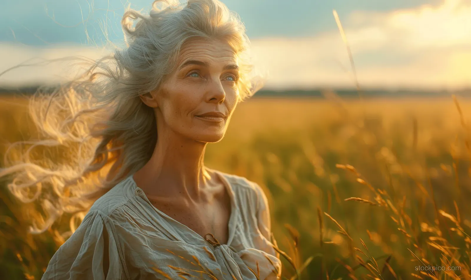 Mature woman with white hair stands in a sunlit grassy field with eyes closed as wind blows her hair.