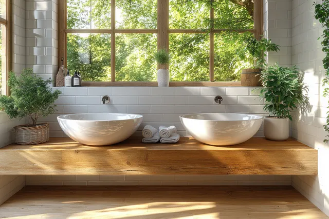 Twin white bathroom sinks sit on a wooden countertop under bright window light with plants and pale tile walls.