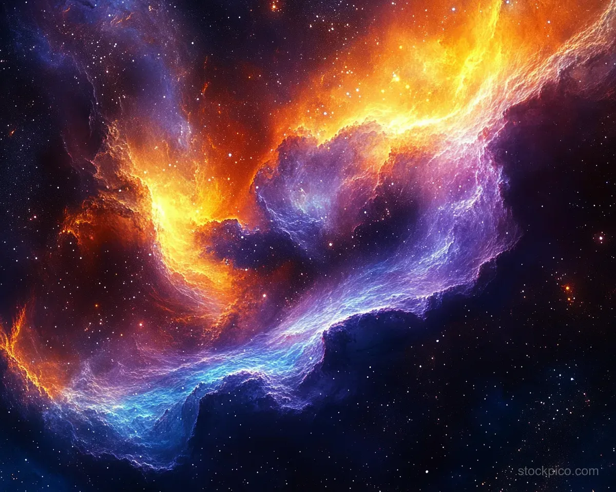 Swirling orange and blue nebula clouds glow with starlight across a dark outer space background.