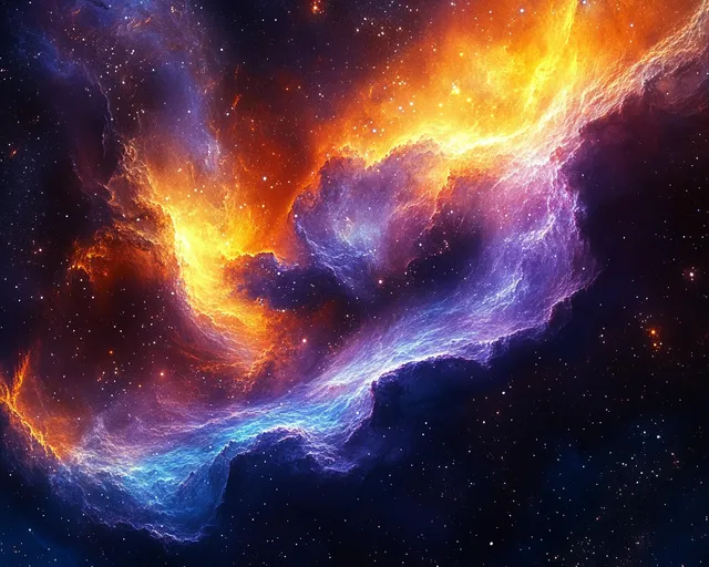 Swirling orange and blue nebula glowing across a star-filled cosmic dark expanse
