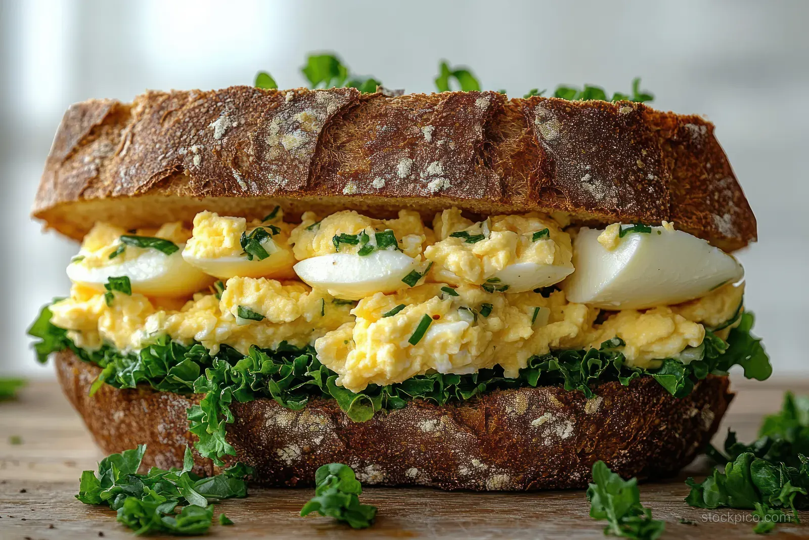 Rustic crusty bread sandwich topped with scrambled eggs, hard-boiled egg slices, leafy greens, and chopped herbs.