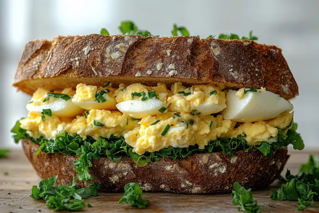 Rustic crusty bread sandwich topped with scrambled eggs, hard-boiled egg slices, leafy greens, and chopped herbs.