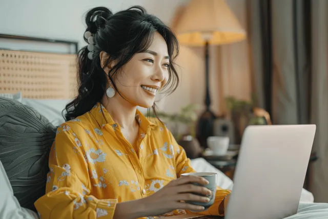 Happy middle-aged Asian woman typing on laptop in bedroom, sipping coffee on bed