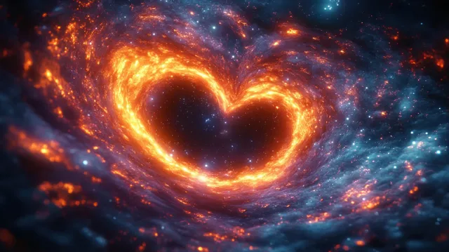 A glowing heart-shaped fiery vortex swirls through a star-filled cosmic nebula with orange and blue gas clouds.