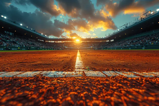 Clay tennis court in a packed stadium at sunset with players’ path visible toward the bright horizon.