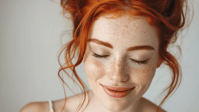 Red-haired person laughing in a close-up portrait with soft shadows and freckles against a light background.