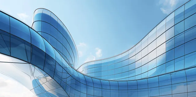 Low-angle view of curved glass skyscraper facades reflecting blue sky and clouds.