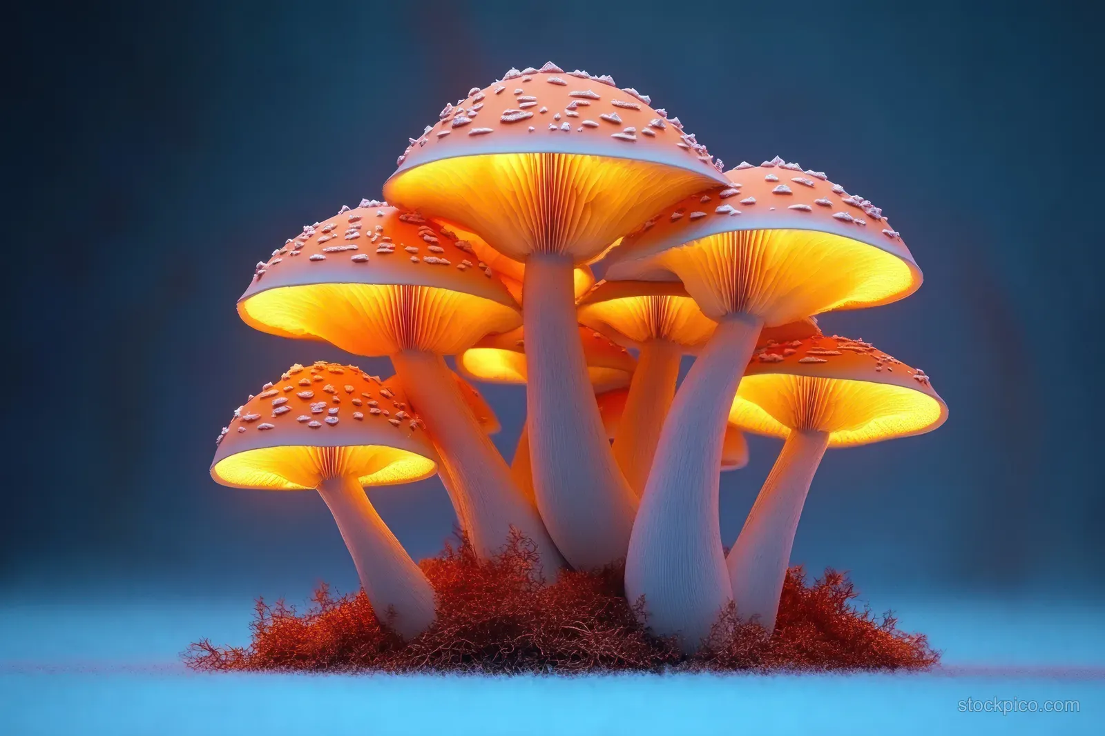 Orange cap mushrooms with glowing light emerge from moss in a dark blue studio setting.