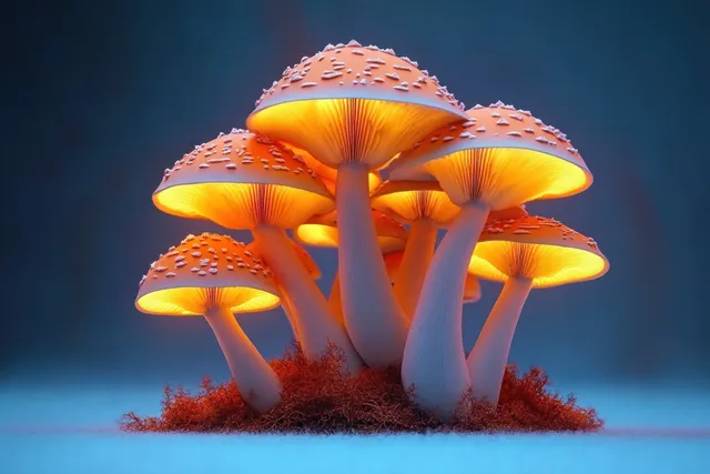 Orange cap mushrooms with glowing light emerge from moss in a dark blue studio setting.