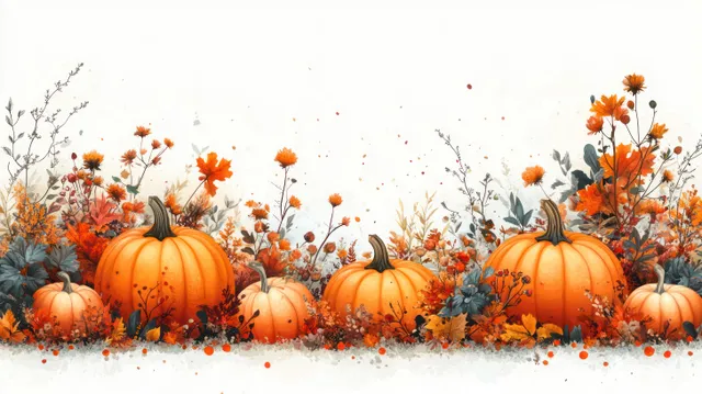 Orange pumpkins rest across a light background with scattered wildflowers, wheat stalks, and leafy foliage.