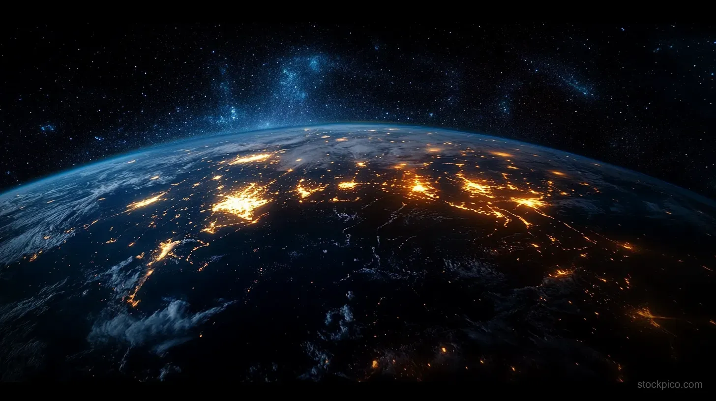 Earth from orbit at night, with glowing city lights across the curved planet beneath a starry sky.