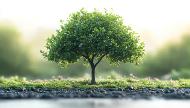 A small paper tree with lush green leaves stands on dark pebbles with a soft white and green blurred background.