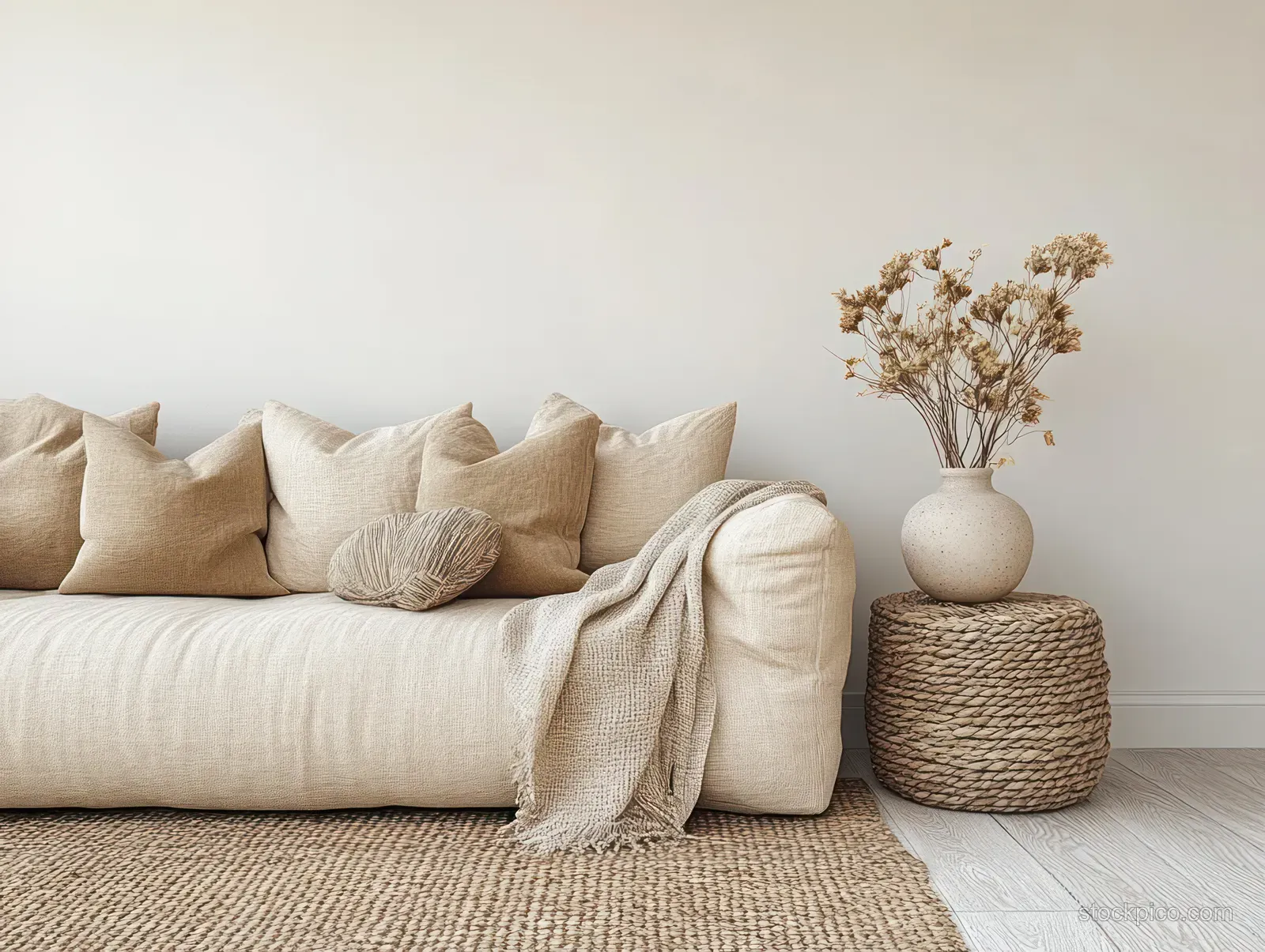 Beige sofa with linen cushions and folded throw beside a woven side table holding dried grass in a white vase.