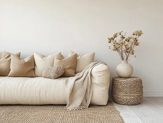 Beige sofa with linen cushions and folded throw beside a woven side table holding dried grass in a white vase.